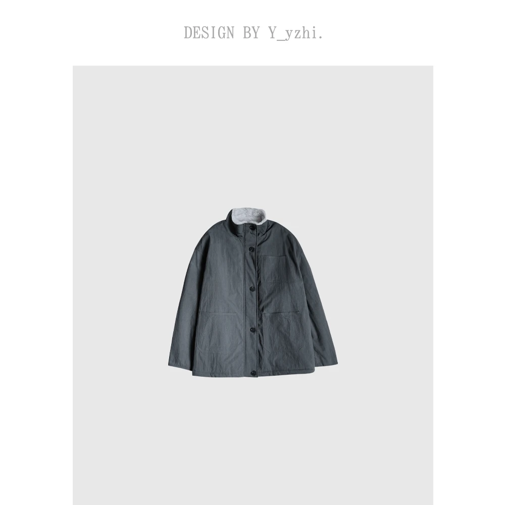 y_zhi 诺澜｜蓝灰色中长款翻领简约纯色保暖女士暖冬宽松季外套