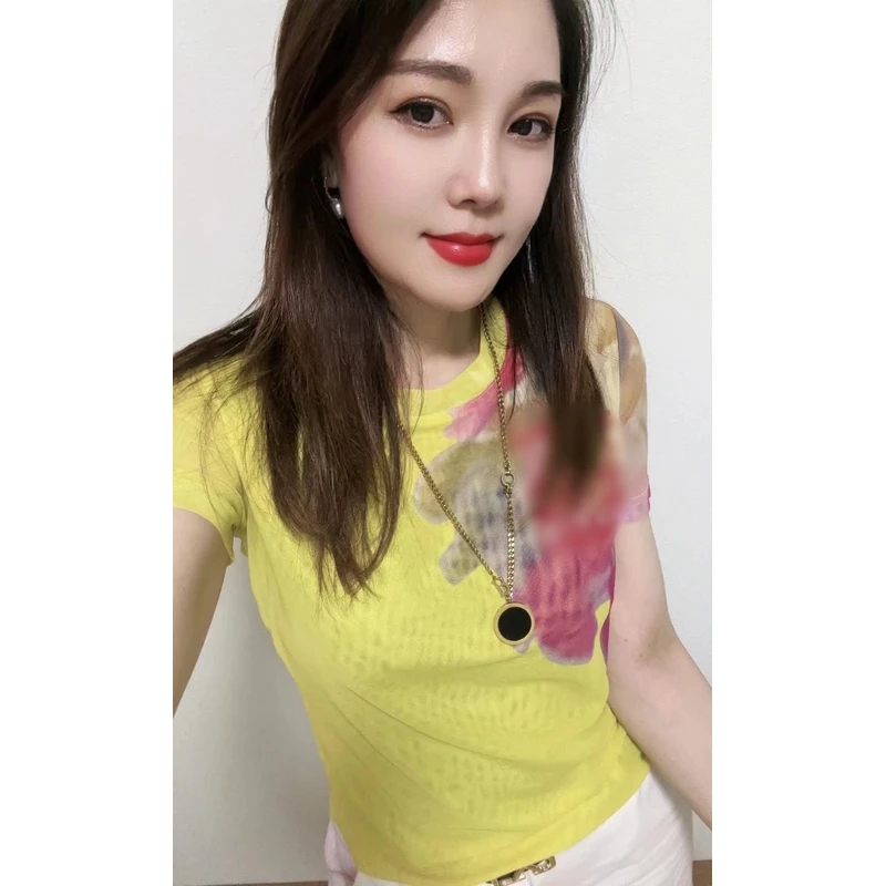 【柔柔推荐】9315-网纱圆领定位花上衣时尚显瘦气质短袖时尚