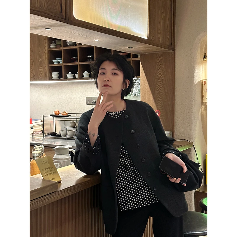 LANGQING 圆领秋装深灰色设计感宽松短款时尚羊毛外套43291#