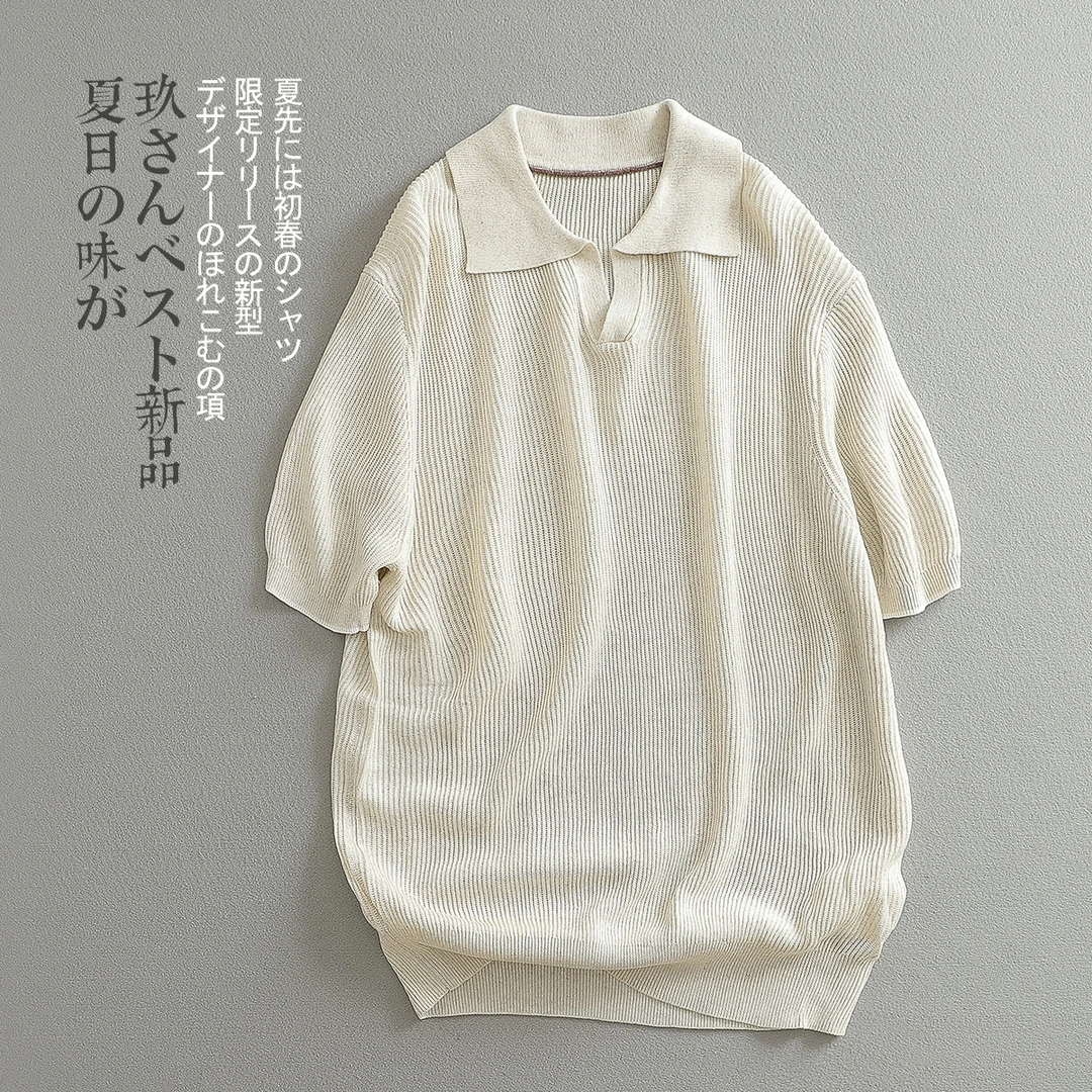 【见川】夏季日系复古老钱海鸥领亚麻混纺纱线POLO男士网红款衣服