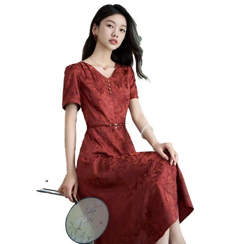 【W5245红色咖色连衣裙】休闲时尚百搭洋气2025夏季新款短袖中长款