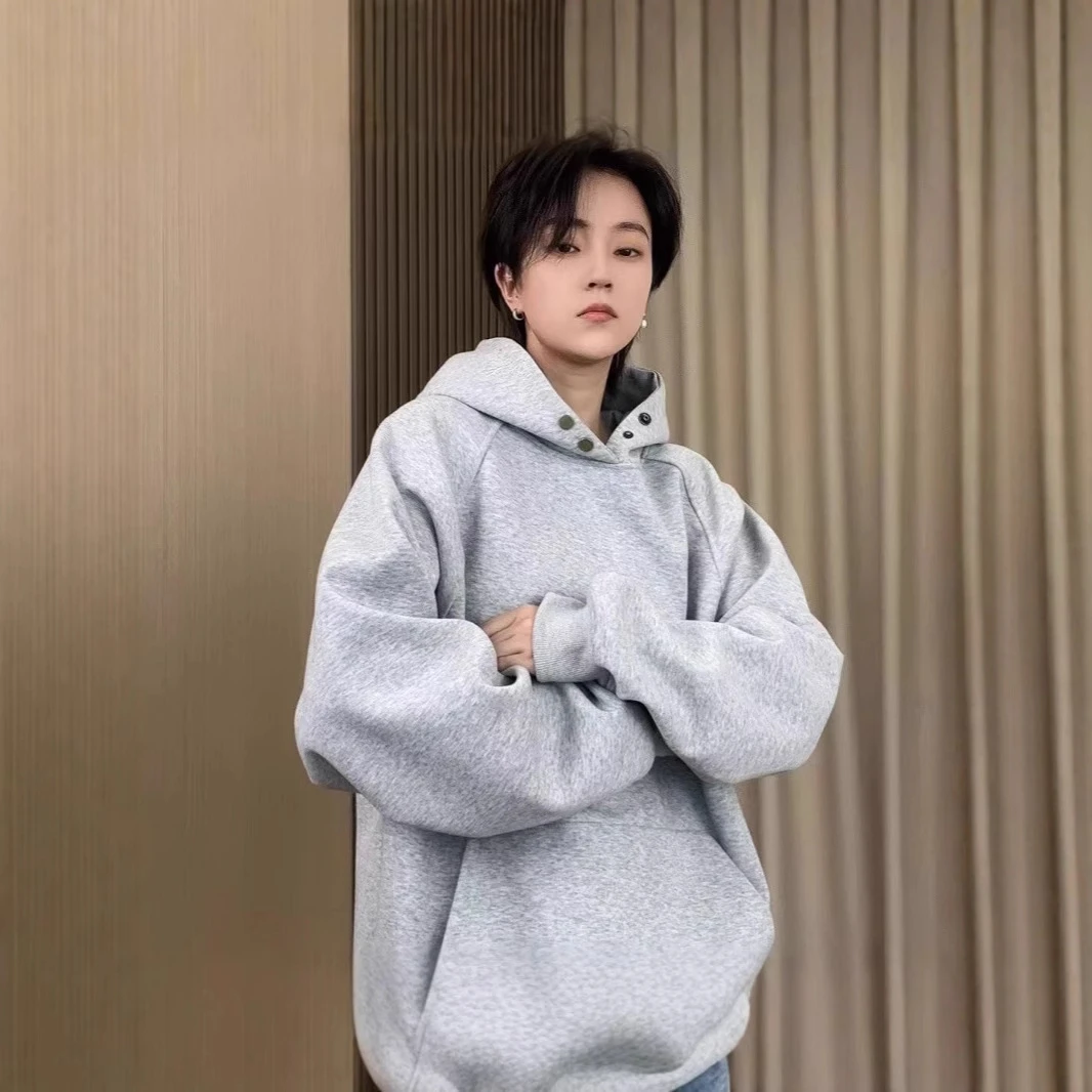 美式连帽卫衣灰色情侣款秋冬季港风高街百搭宽松加绒上衣休闲外套