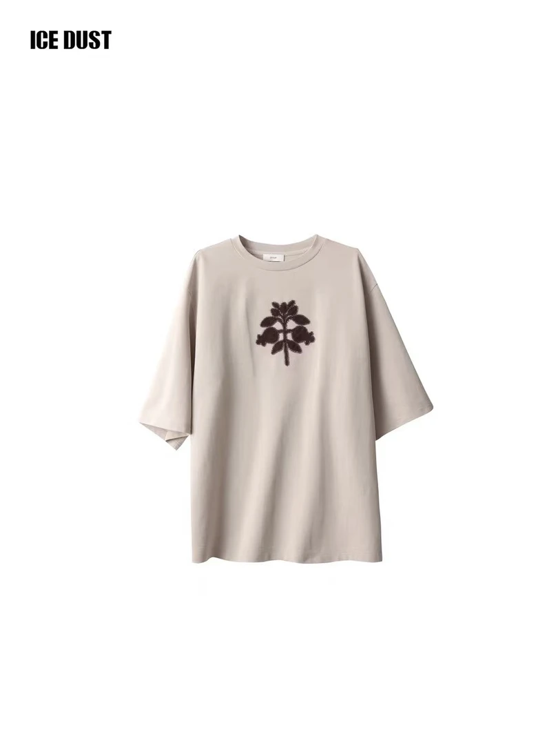 ICEDUST 25春夏系列圆领石榴花贴布设计宽松休闲短袖T恤上衣女士