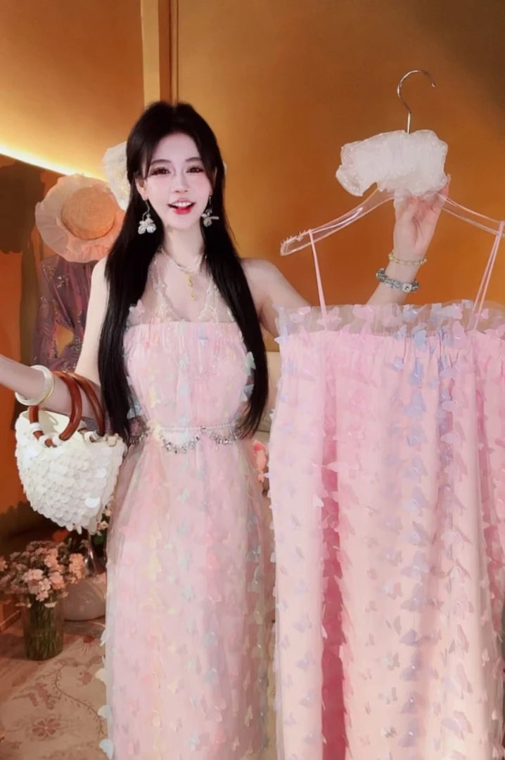 【崔】B0160 氛围感立体蝴蝶抹胸吊带连衣裙甜美网纱拼接显瘦连衣裙