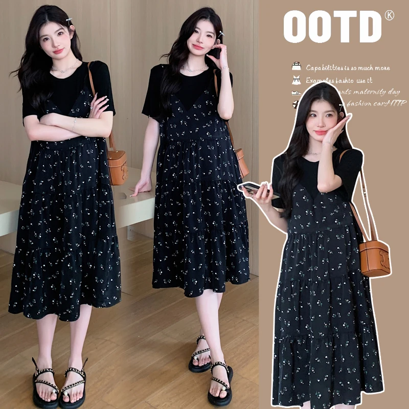 孕妇2025新款时尚气质碎花拼接假两件宽松中长款夏季孕妇连衣裙