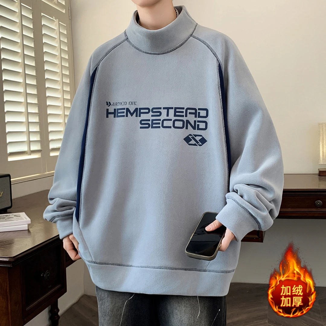 秋冬新款青少年奥粒绒卫衣潮流百搭保暖学生半高领帅气休闲上衣男