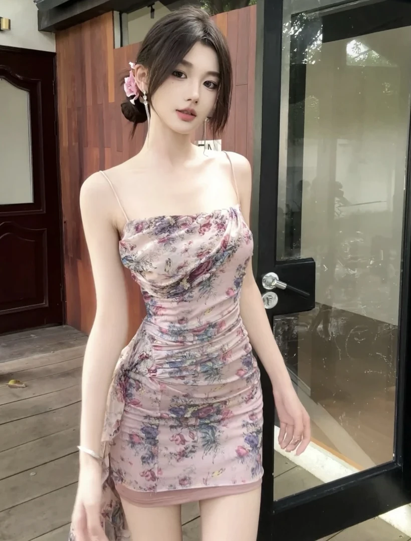 春日部粉色碎花一衣两穿不规则吊带连衣裙纯欲时尚短款显瘦气质