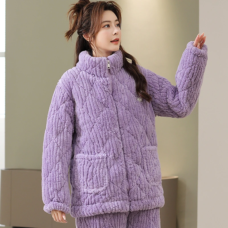 睡衣女2024冬季新款加绒加厚三层夹棉保暖大码宽松棉袄家居服套装