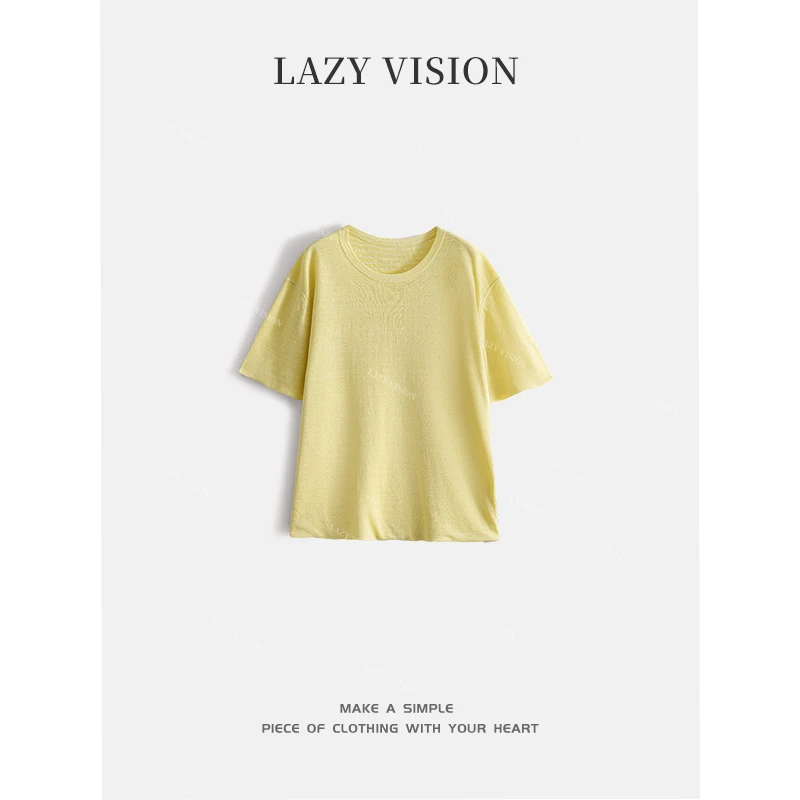LAZYVISION亚麻‘桑蚕丝’圆领两面穿通勤短袖T恤ZMD-27636