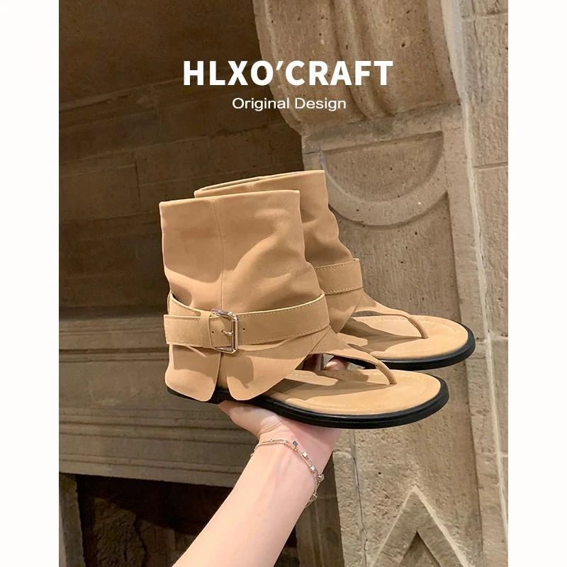 6cm内增高~真皮复古人字夹趾凉鞋女2025新款辣妹库管扣带露趾凉靴