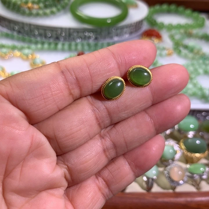 和田玉（碧玉）银S925镶嵌耳饰