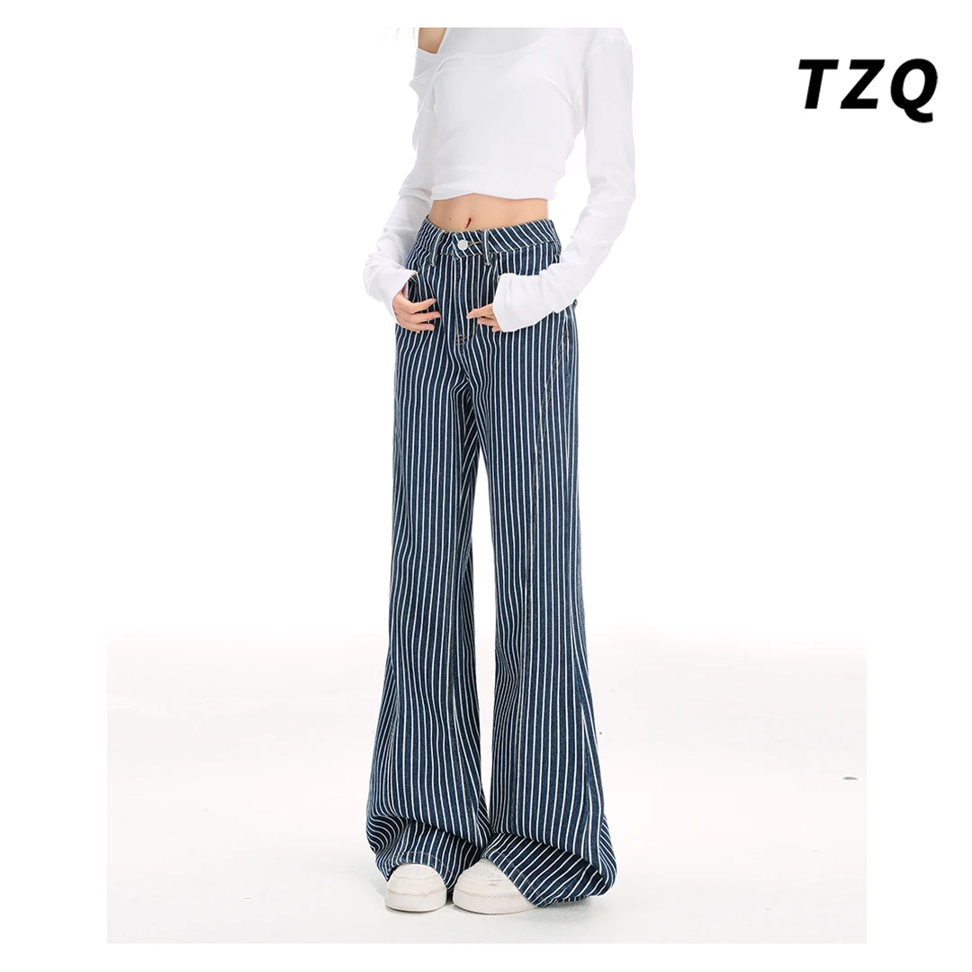不贴腿蓝色条纹宽松微喇牛仔裤女肌理感慵懒休闲拖地裤TZQ2582052