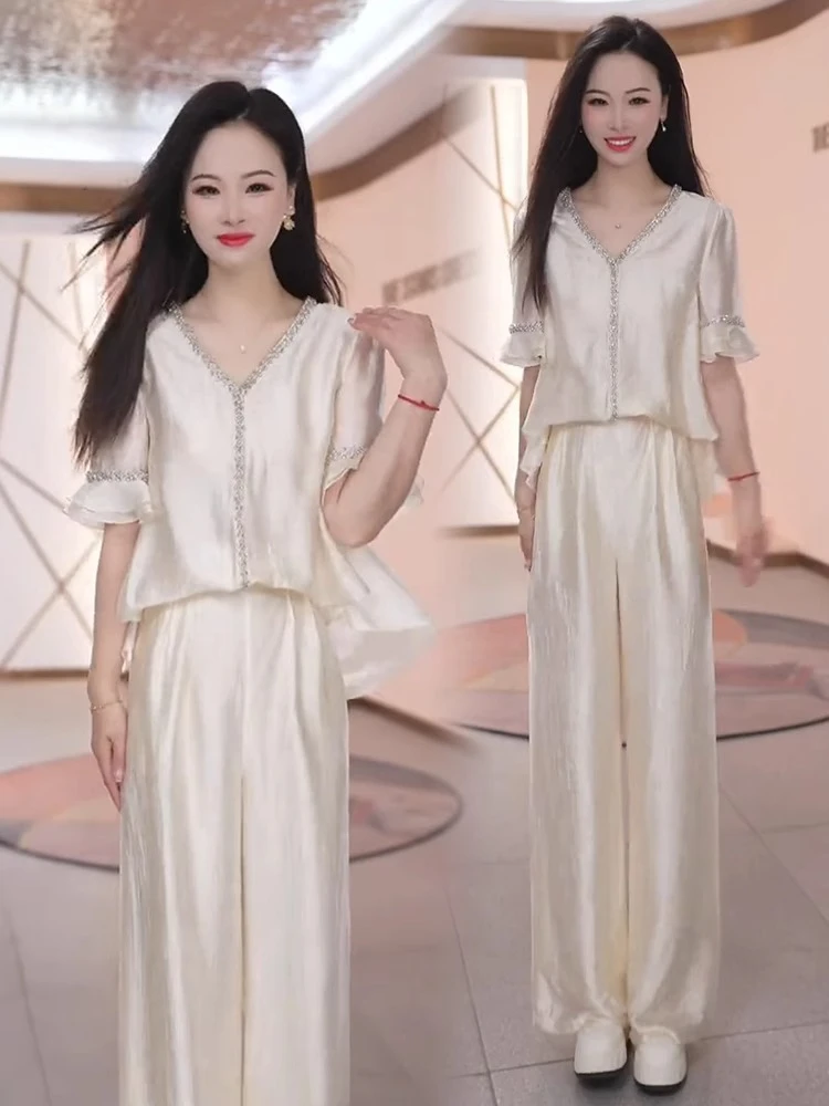时尚气质套装女2025夏季新款高级感宽松显瘦V领衬衫阔腿裤两件套
