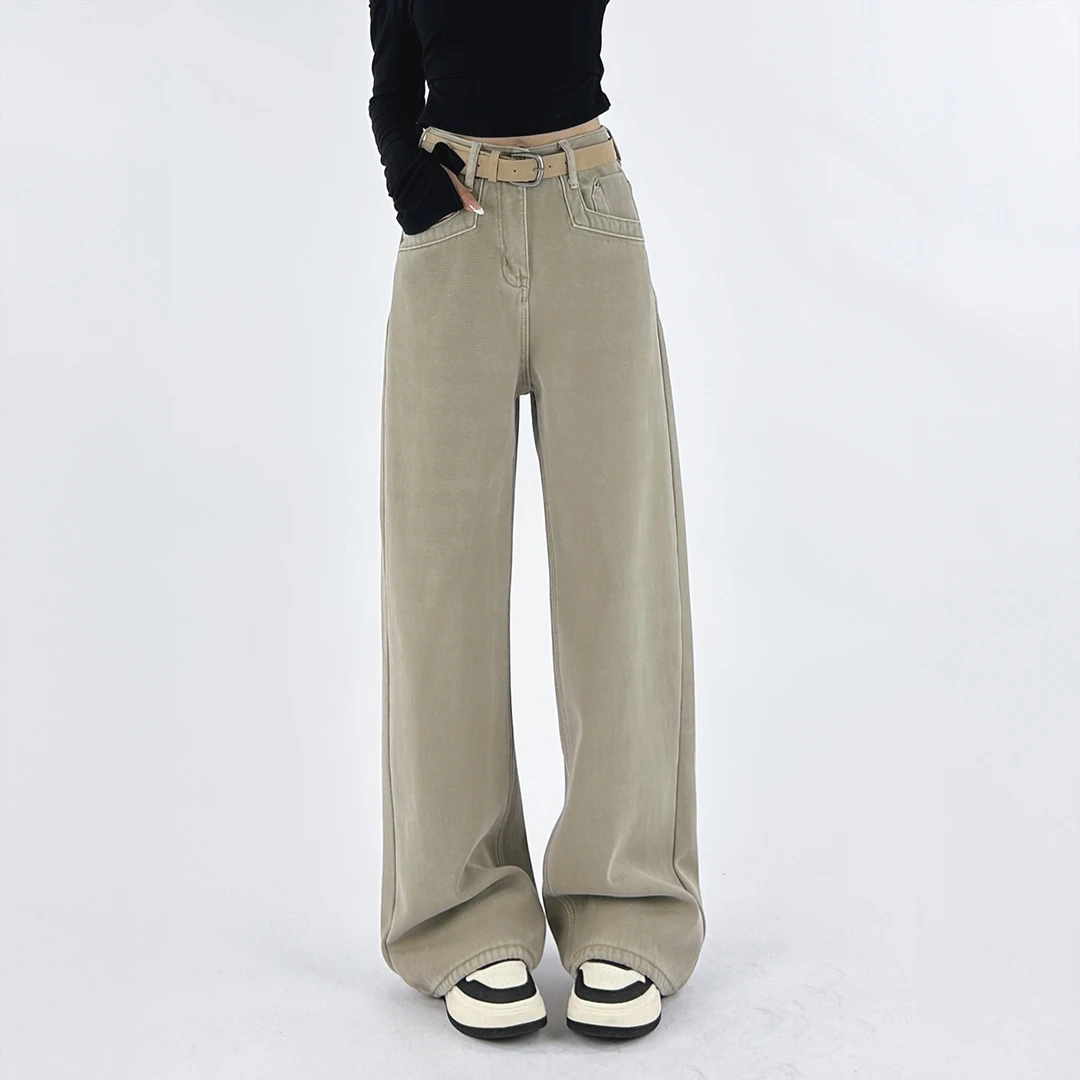 复古高腰加绒直筒牛仔裤女2025秋冬新款口袋设计感宽松显瘦阔腿裤