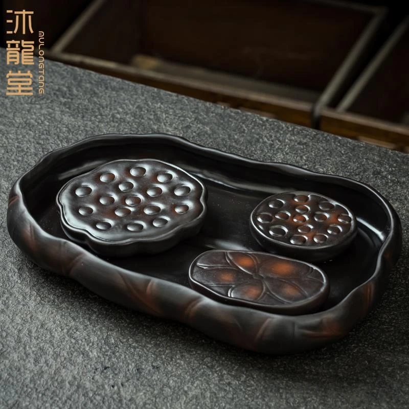 紫陶壶承功夫茶具家用储水茶盘陶瓷干泡台高档托盘紫陶壶养壶台