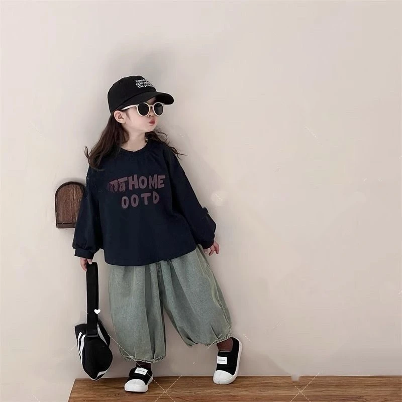 女童套装春秋款2025新款韩系洋气儿童宽松森系长袖t恤复古哈伦裤