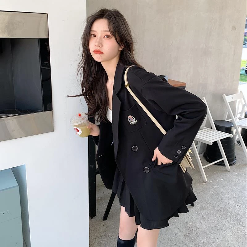 春秋韩版可盐可甜炸街两件套网红洋气小个子黑色百褶裙西装套装女
