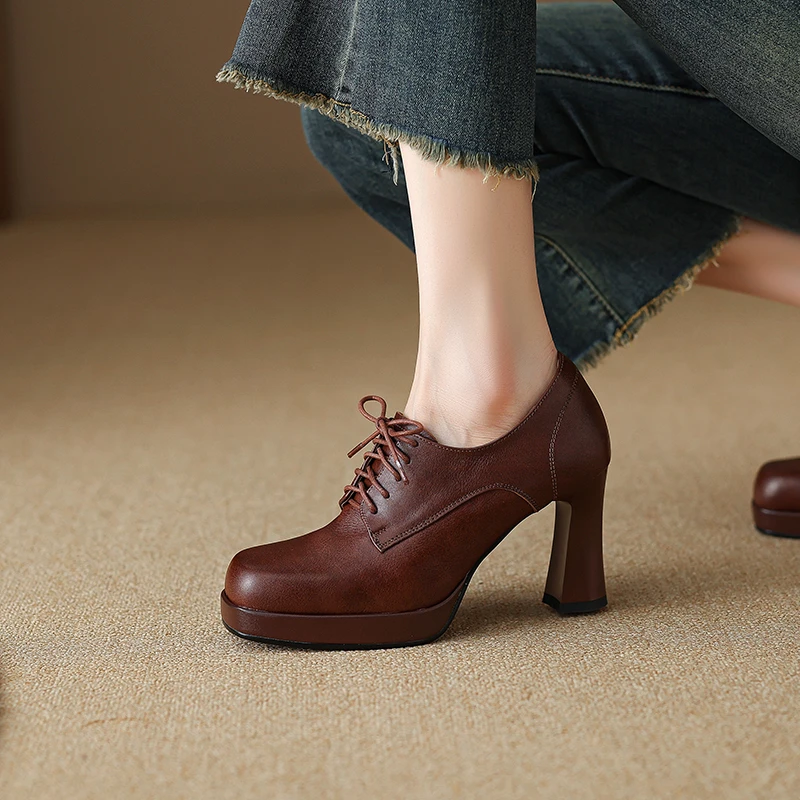 8.5cm秋季系带方头皮鞋小个子防水台高跟鞋百搭通勤气质粗跟单鞋