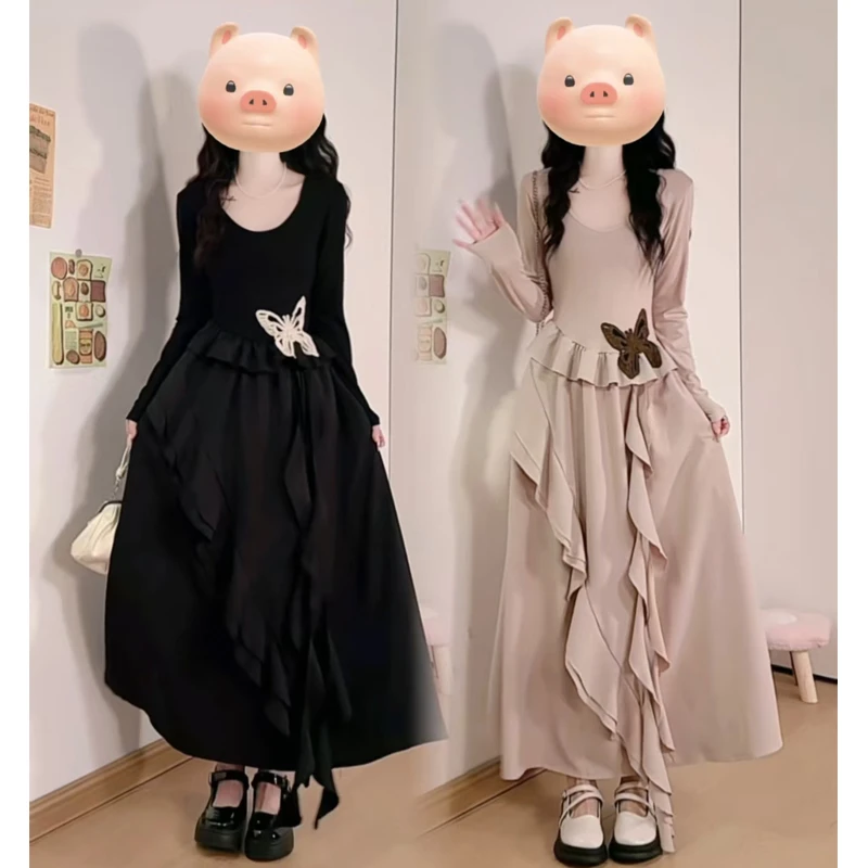 大码胖mm蝴蝶裙小黑裙不规则裙边纯色长袖连衣裙收腰显瘦长裙女