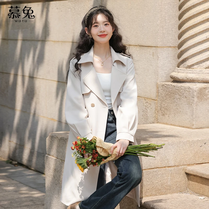 慕兔高级感风衣外套女2025春季新款英伦风中长款宽松休闲气质大衣