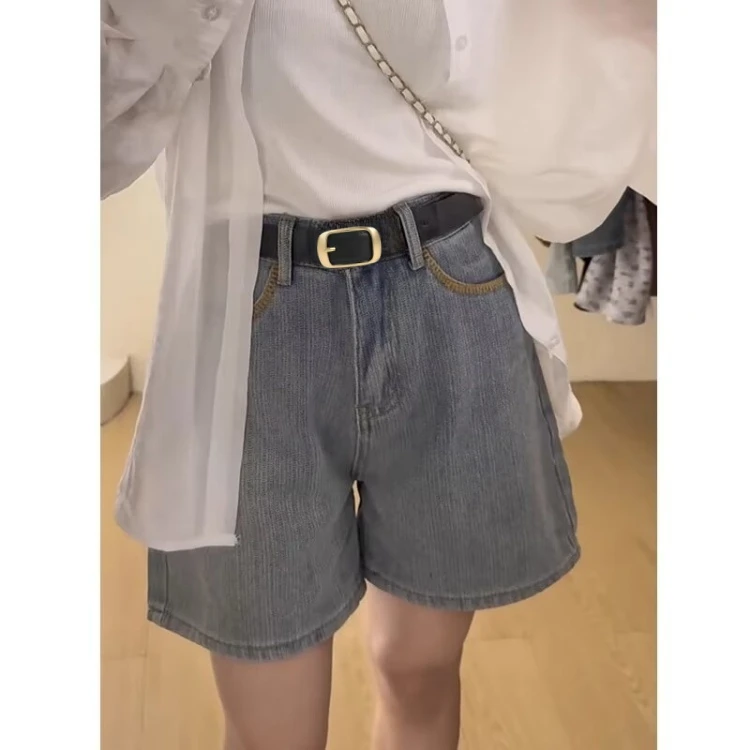大码女装高腰阔腿宽松牛仔短裤夏款设计感显瘦复古百搭a字热裤
