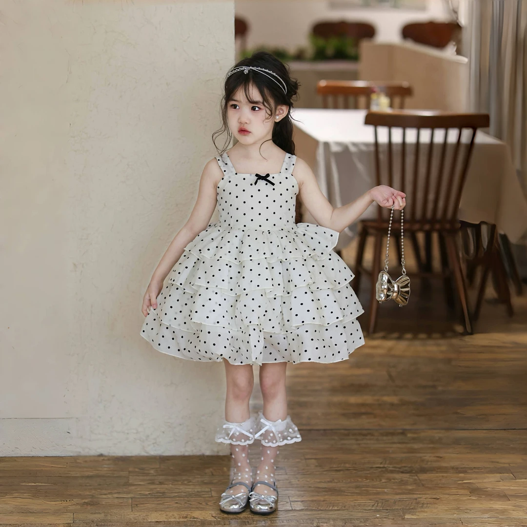 女童洋气波点连衣裙夏季小女孩气质露背蓬蓬公主裙可爱蛋糕吊带裙