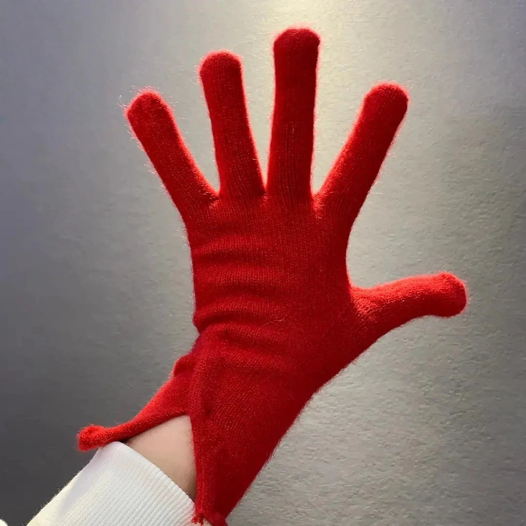 红色露二指可触屏保暖手套女秋冬开叉加长防寒针织毛线手套秋冬季