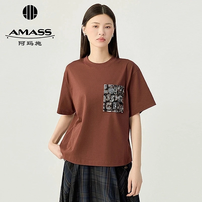 AMASS/阿玛施AA休闲造型质感胸前口袋亮片钉珠设计圆领T恤530088