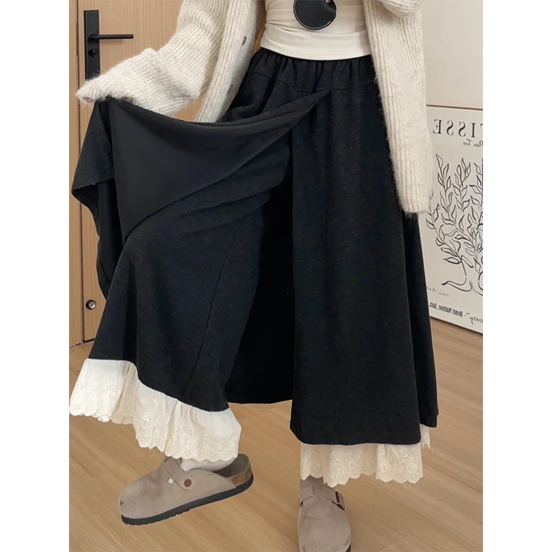 灰色拼接蕾丝花边阔腿裤女秋季2025新款高腰休闲宽松显瘦阔腿裙裤