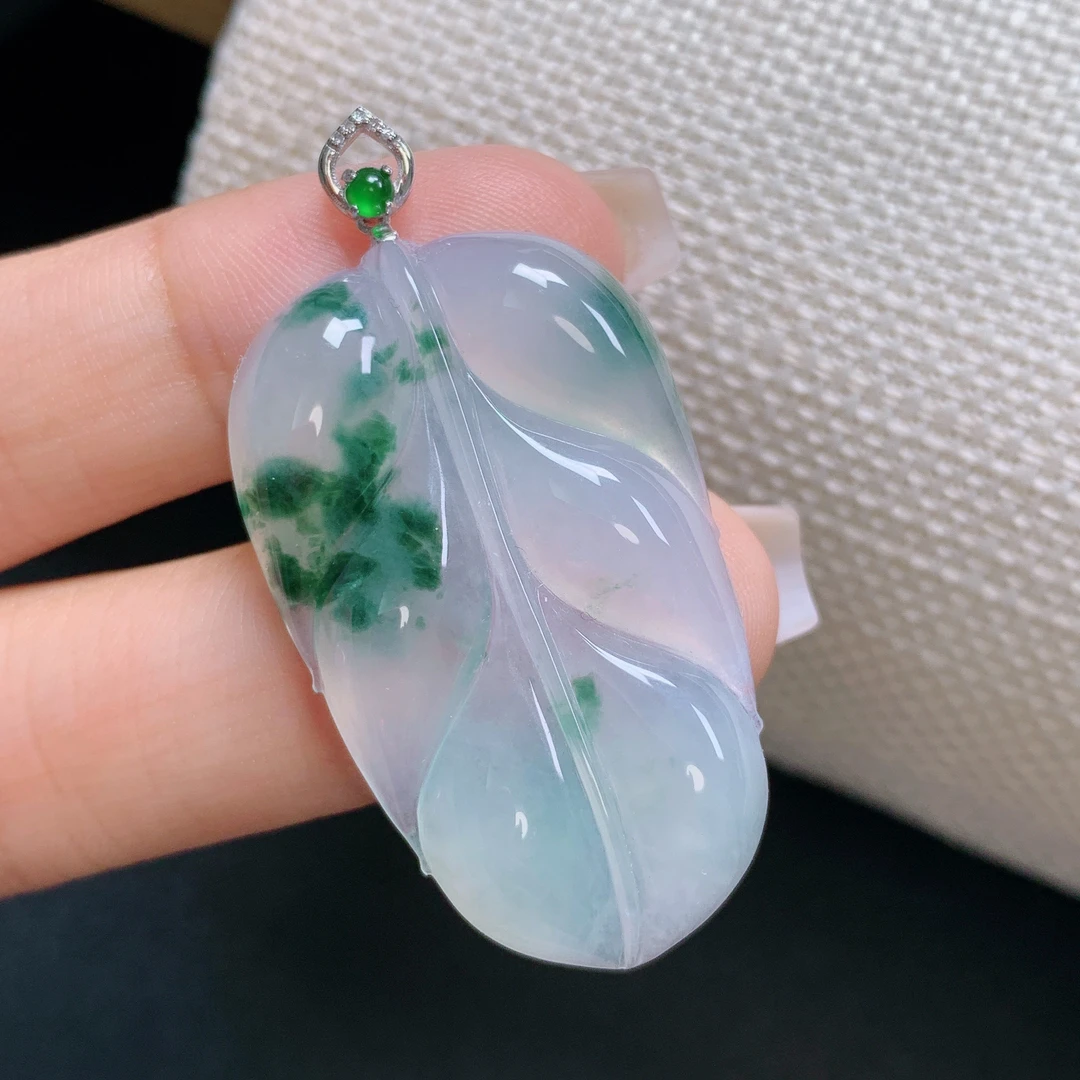 缅甸天然A货翡翠18k金镶嵌冰种飘绿花叶子吊坠大气时尚43*23*5
