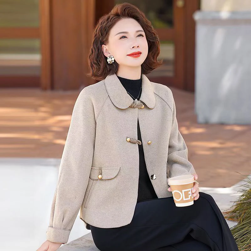 中老年女装口袋毛呢小个子新中式中老年风衣洋气女装外套气质高贵