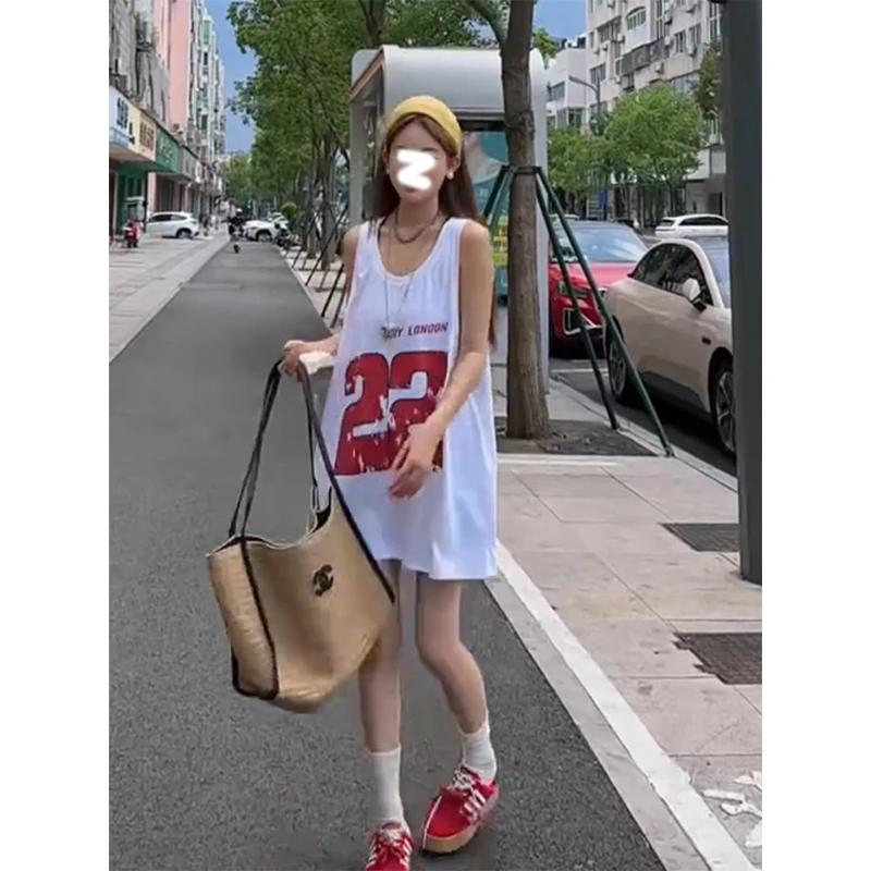 数字印花无袖背心女2025新款爆款宽松大版中长款洋气时尚打底衫夏