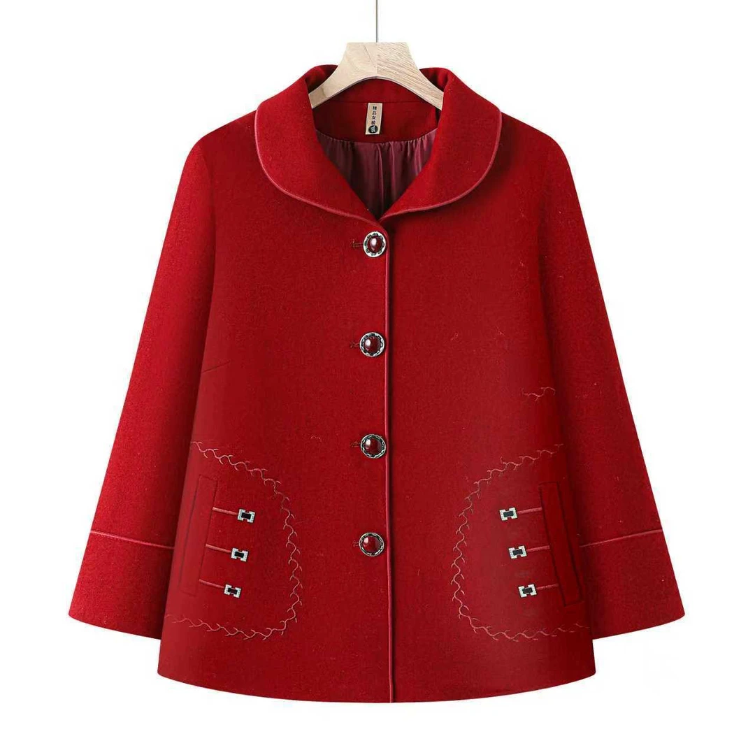 妈妈短款冬装外套中老年人秋冬翻领加厚毛呢上衣套装