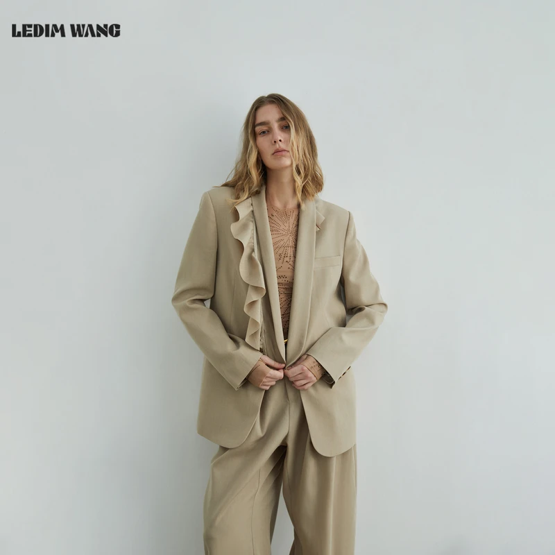 LEDIM WANG黑标/高智风荷叶边青果领休闲西装外套女25秋卡其西服