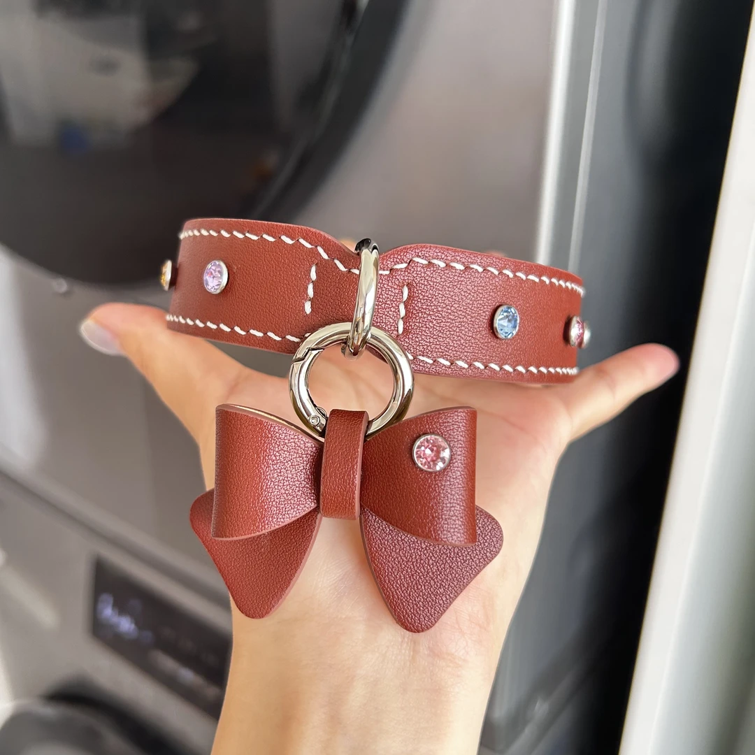 【项圈加钻版】真皮纯手工宠物项圈纯牛皮狗狗项圈可牵引