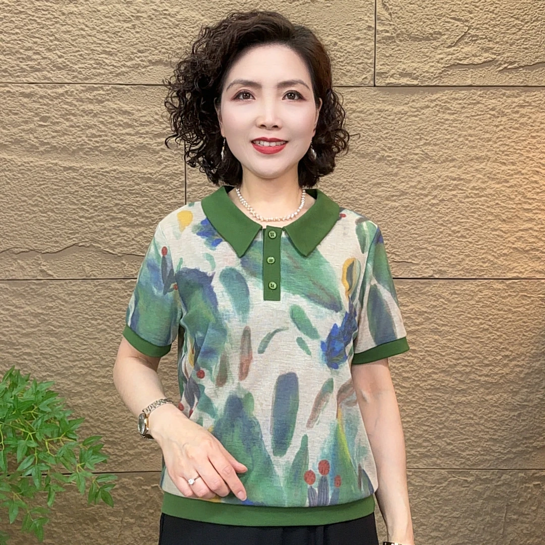夏季气质休闲风常规翻领宽松型中老年女装印花中年设计感洋气T恤