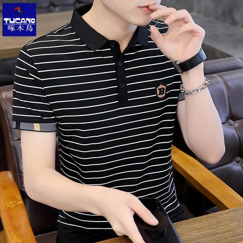啄木鸟男士夏季新款polo衫短袖时尚百搭休闲商务翻领条纹纯棉T恤
