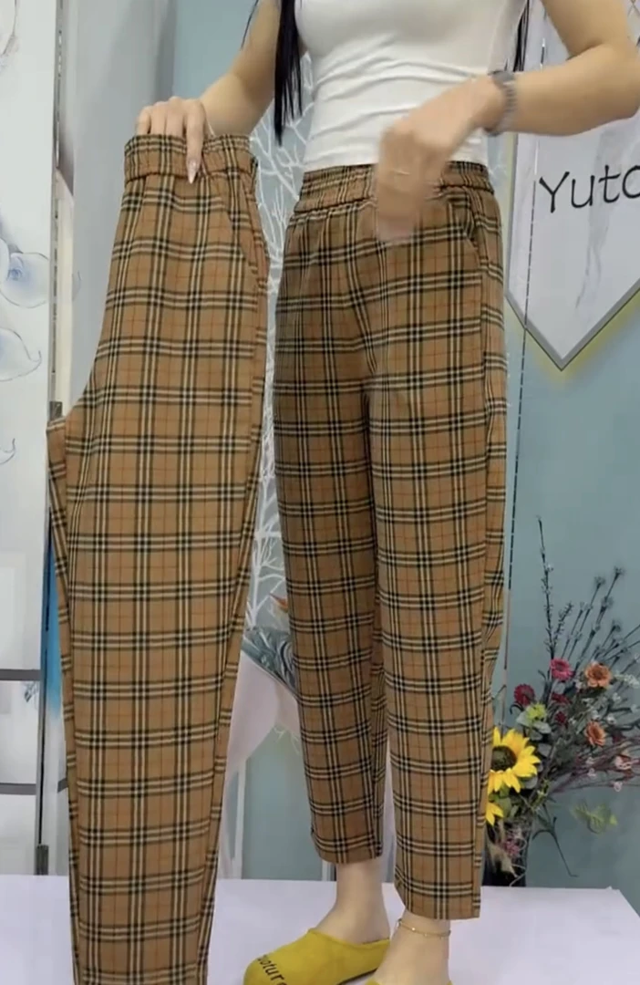 韩版高腰格子休闲裤宽松九分小脚哈伦裤百搭直筒裤女春秋