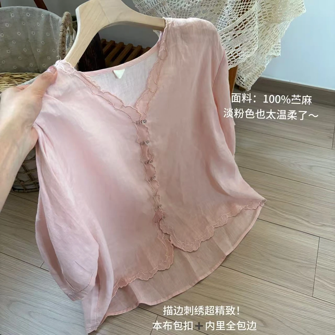 小柒家087-春夏季粉色薄款文艺休闲单排扣描边刺绣纯苎麻衬衫