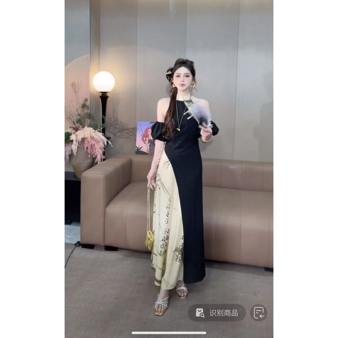 DACPAN-“水墨丹青”国风书法拼接盘扣露肩连衣裙  2025/盼·YP301