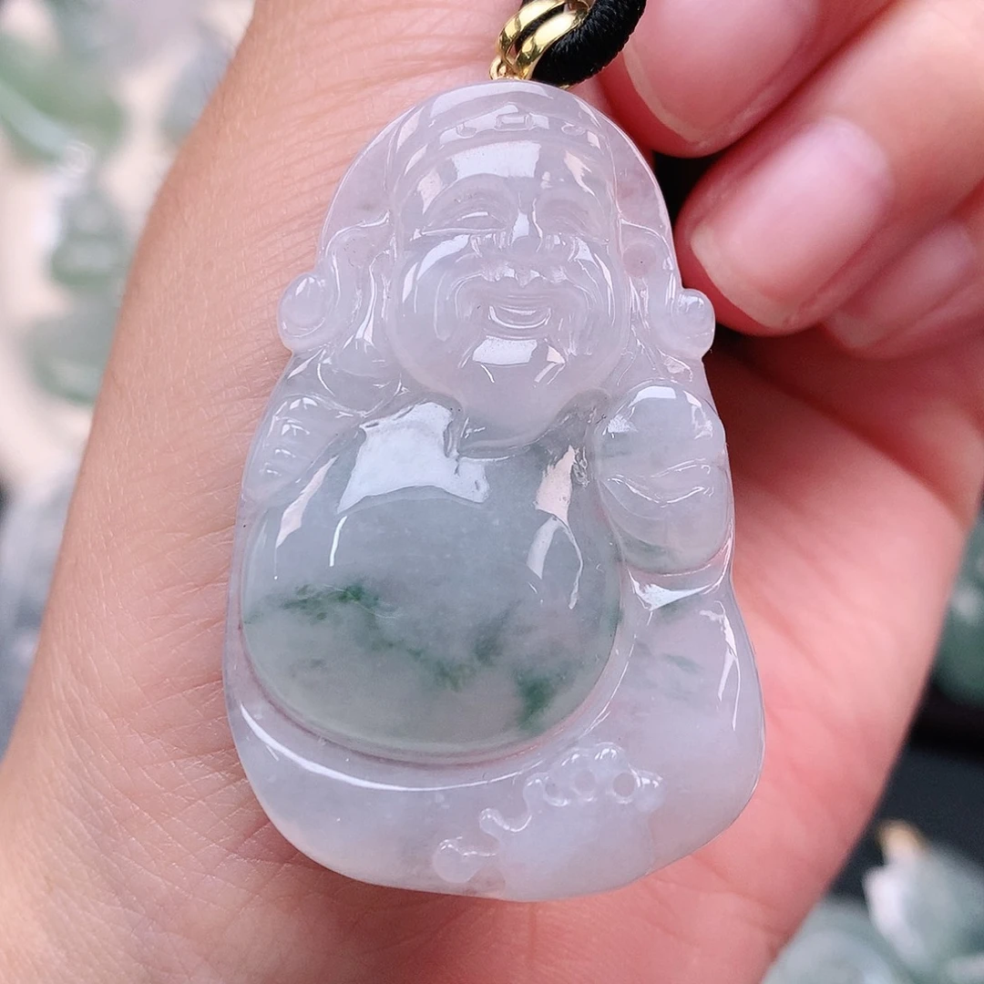 翡翠18K金镶嵌颈饰飘花大财神44.7、29.5、6