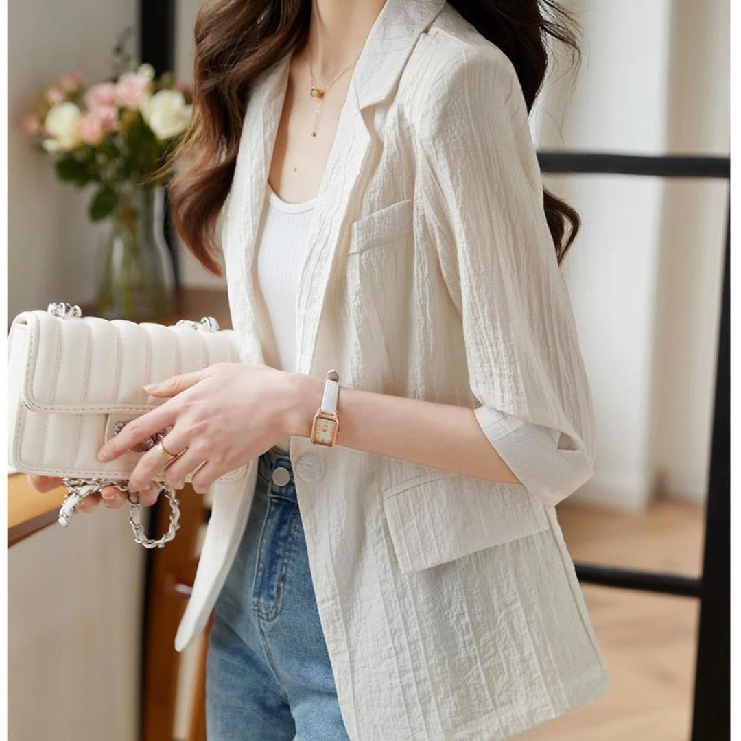 纯色雪纺五分袖西装外套女2025夏季新款潮流休闲防晒薄款上衣