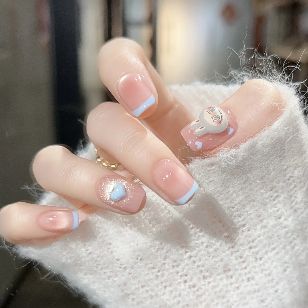 【拉布布】野世穿戴甲 拉布布奶呼呼蓝色法式夏日显白美甲