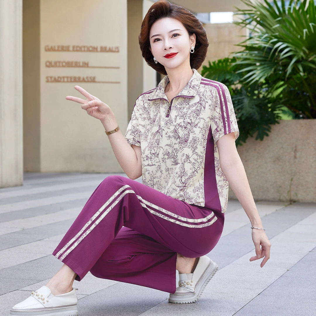 中老年妈妈夏季时尚休闲减龄短袖运动服套装中年女印花T恤两件套