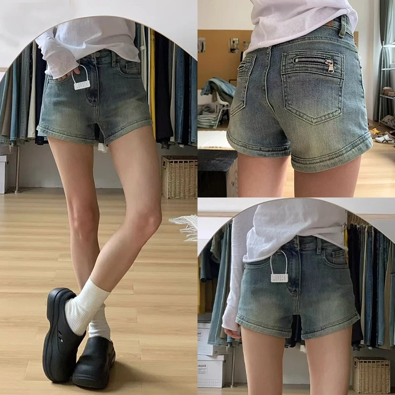 做旧复古牛仔裤女夏装美式辣妹显瘦短裤弹力修身阔腿高腰直筒裤子