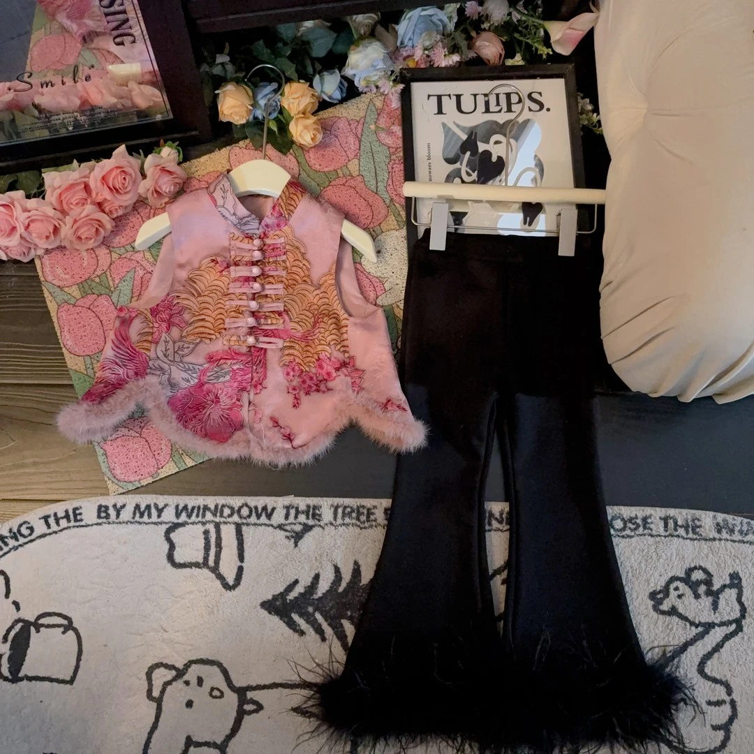 【百鸟朝凤】新中式国风唐装水貂毛马甲+鸵鸟毛丝绒打底衫两件套