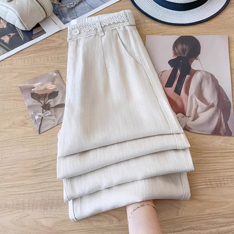 拉夏贝尔亚麻阔腿裤女夏季薄款2025蕾丝拼接慵懒风休闲凉凉直筒裤