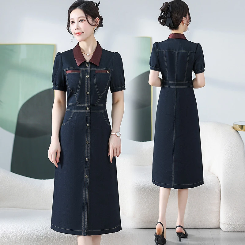 连衣裙裙子显瘦气质牛仔时尚夏季收腰大码洋气休闲减龄中长款修身