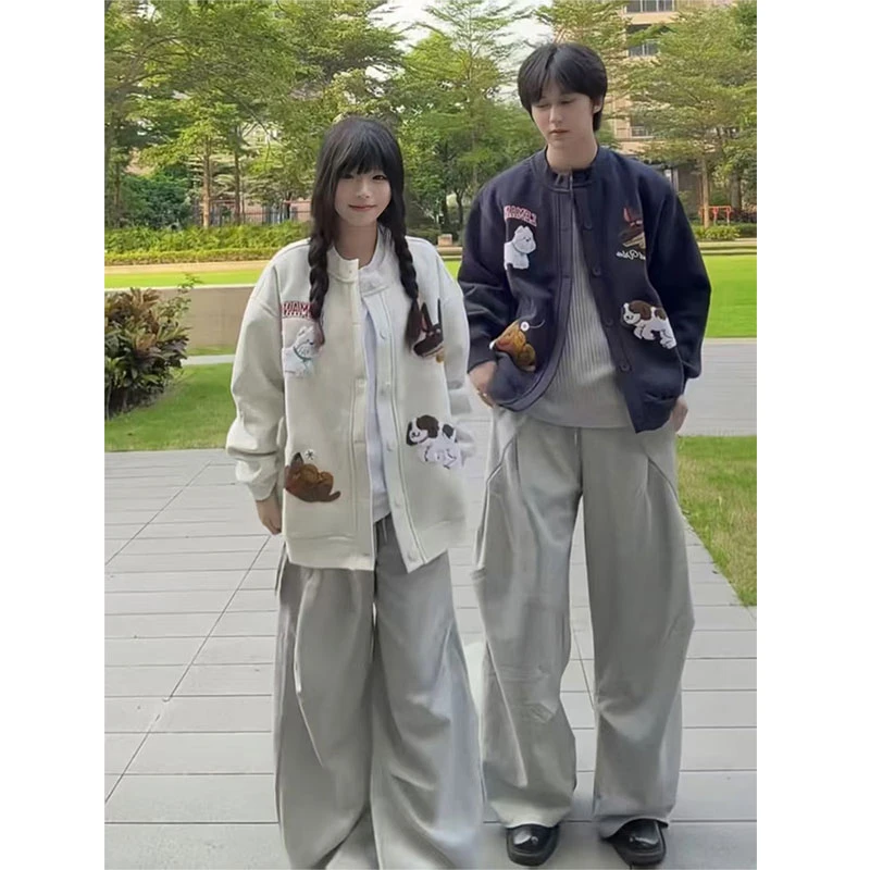 大码300斤美式高街趣味狗狗毛巾绣开衫纽扣外套男秋痞帅宽松上衣