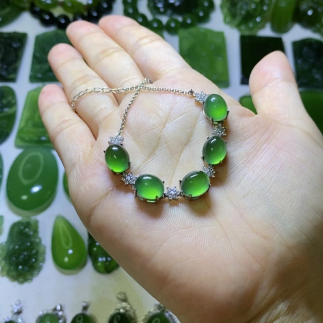 【闪购商品】蛇纹石玉手链银S925镶嵌紫*花